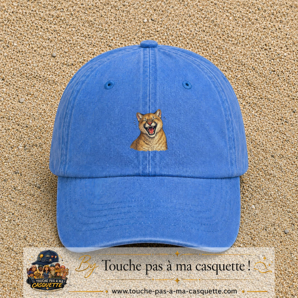 Casquette Bleu ciel délavé 100% coton avec motif Félin sauvage qui rit 5 cm - image principale