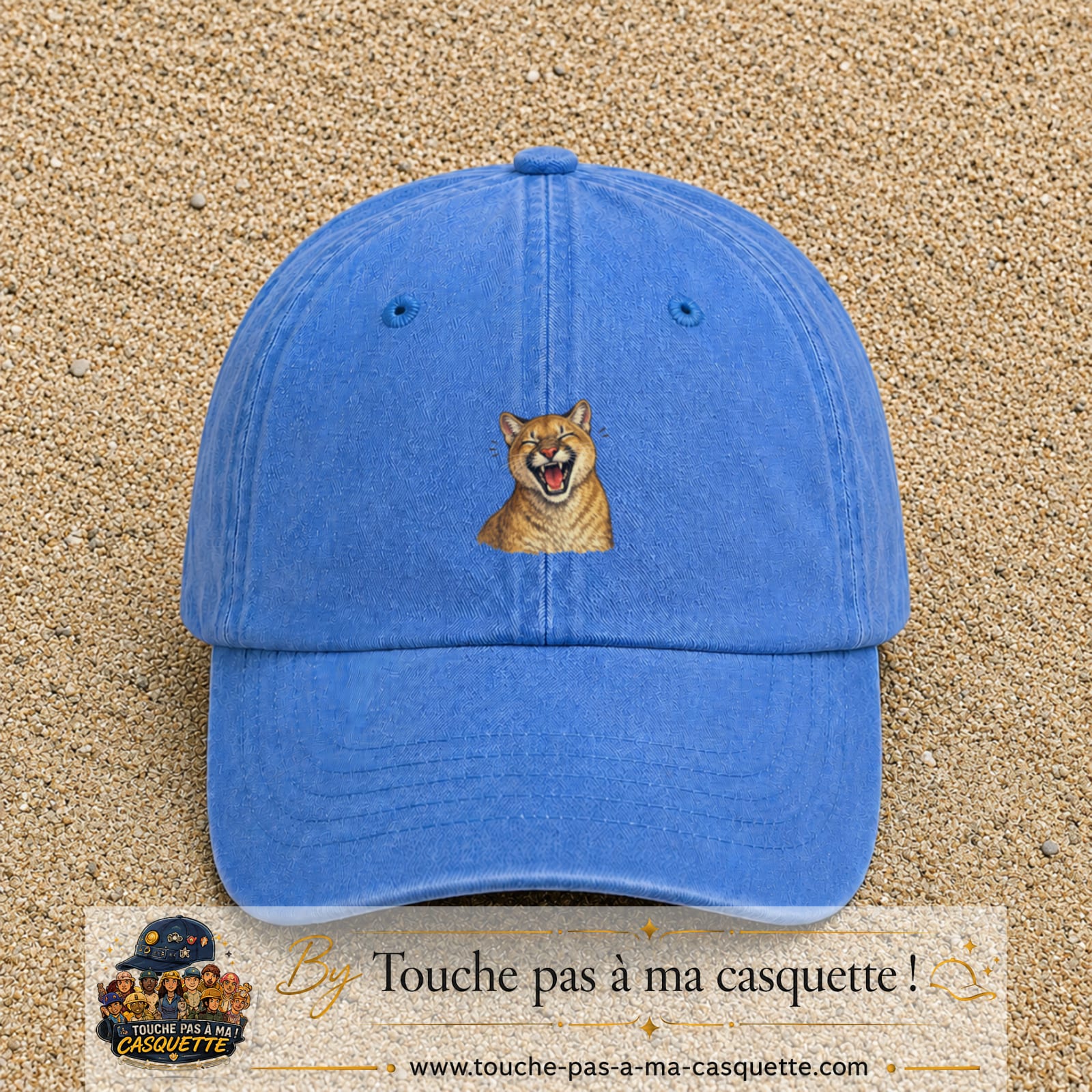Casquette Bleu ciel délavé 100% coton avec motif Félin sauvage qui rit 5 cm - image principale