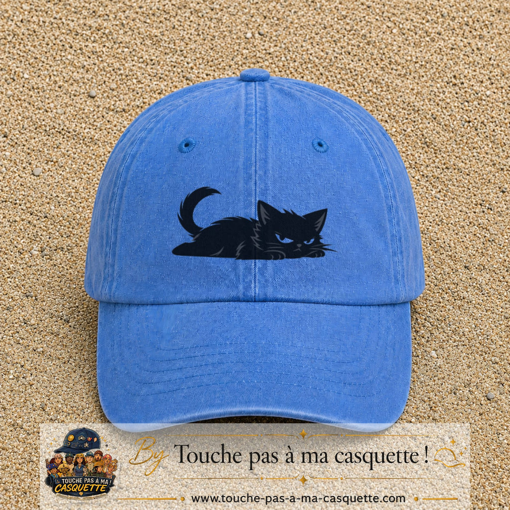Casquette baseball Bleu ciel délavé 100% coton avec visuel Chat noir couché 5 cm - image produit principale