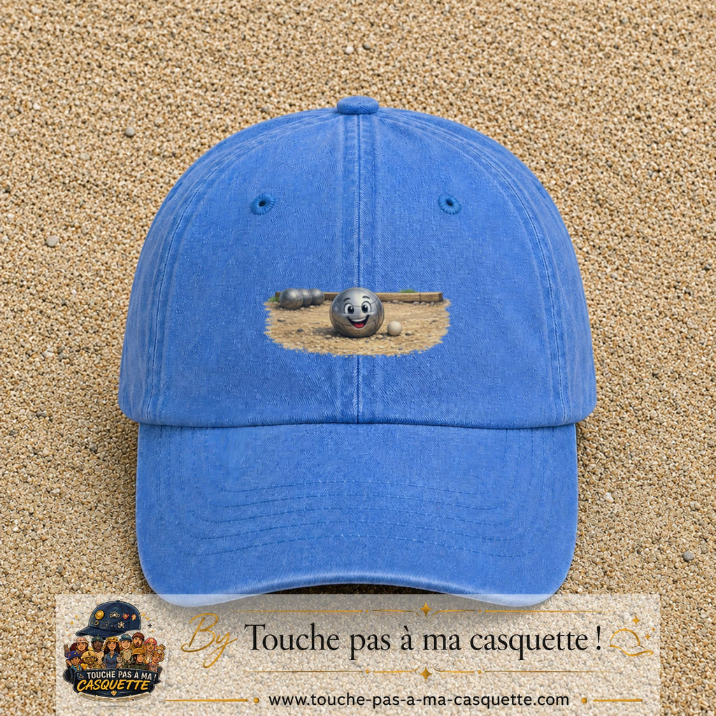 Casquette baseball Bleu ciel délavé 100% coton avec motif Boule de pétanque souriante 7 cm - image principale
