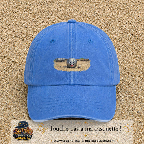 Casquette baseball Bleu ciel délavé 100% coton avec motif Boule de pétanque souriante 7 cm - image principale