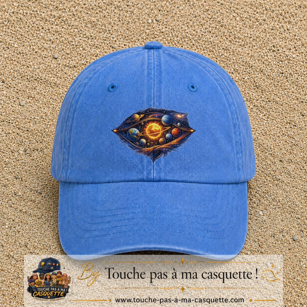 Casquette baseball Bleu ciel délavé 100% coton avec visuel Galaxie système solaire 7 cm - image produit principale