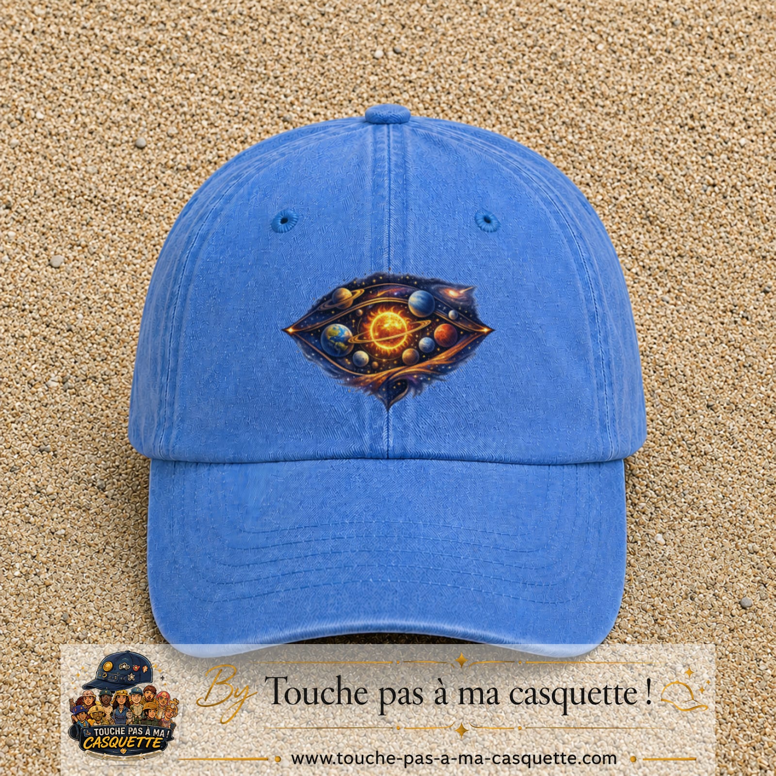Casquette baseball Bleu ciel délavé 100% coton avec visuel Galaxie système solaire 7 cm - image produit principale