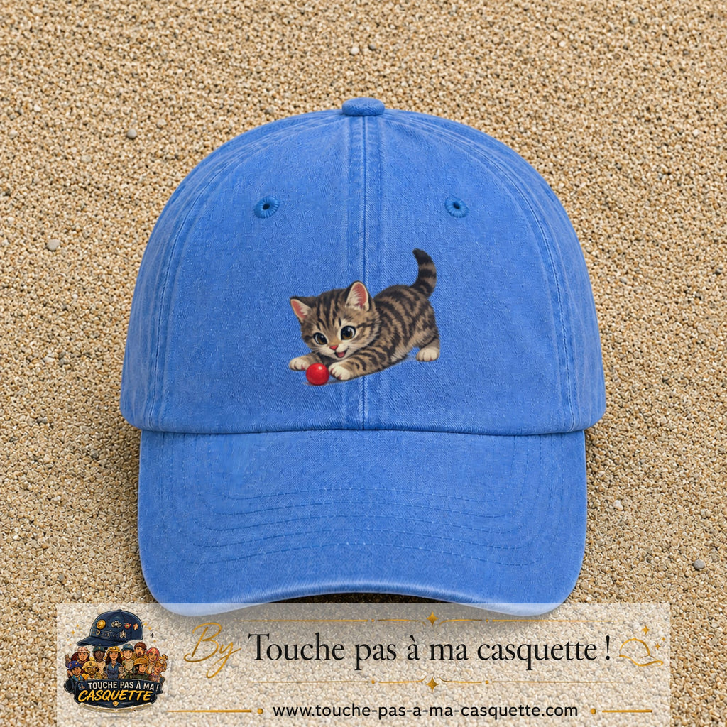 Casquette baseball Bleu ciel délavé 100% coton avec motif Chaton joueur 7 cm - image principale