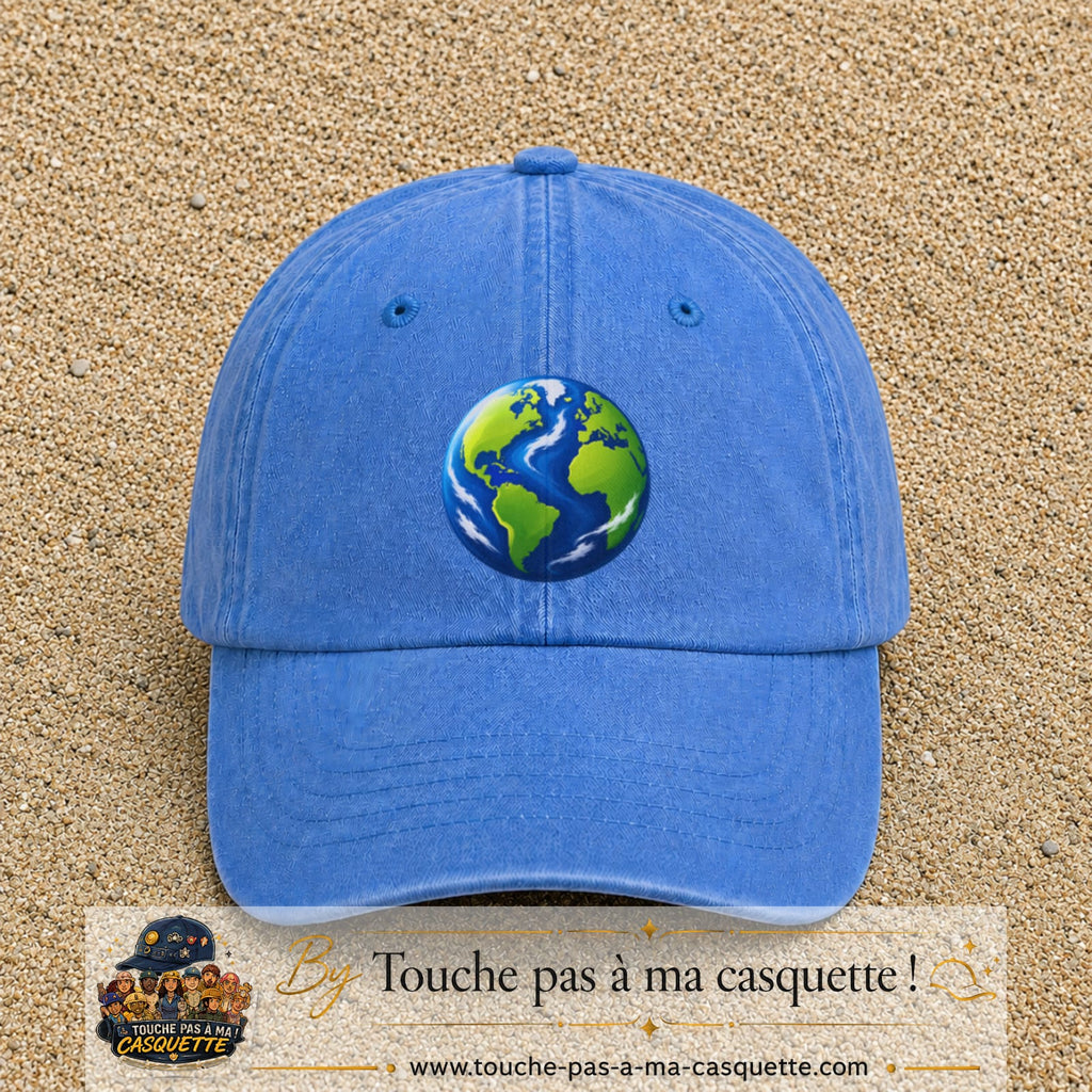 Casquette baseball Bleu ciel délavé 100% coton avec visuel Planète Terre cartoon 7 cm - image produit principale