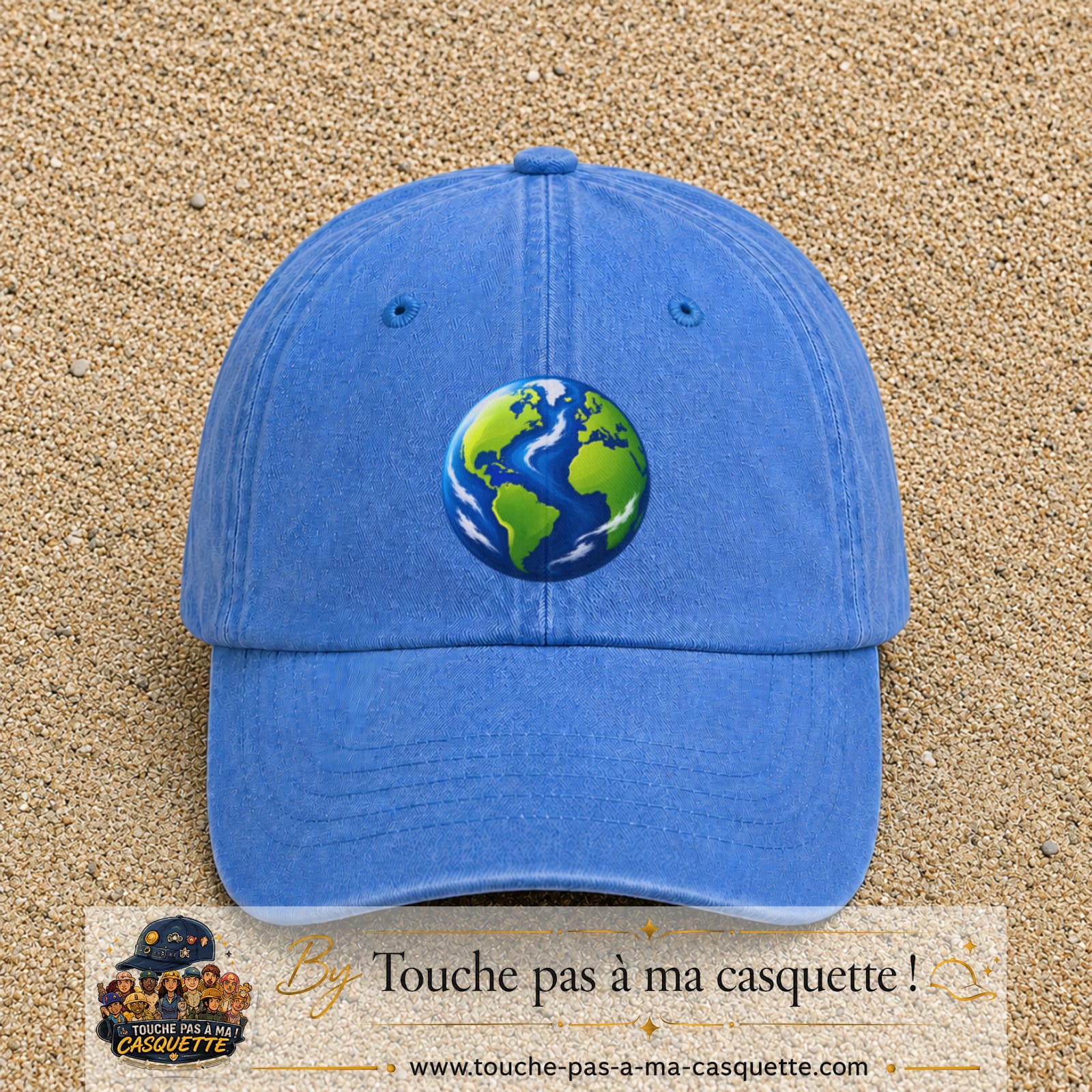 Casquette baseball Bleu ciel délavé 100% coton avec visuel Planète Terre cartoon 7 cm - image produit principale