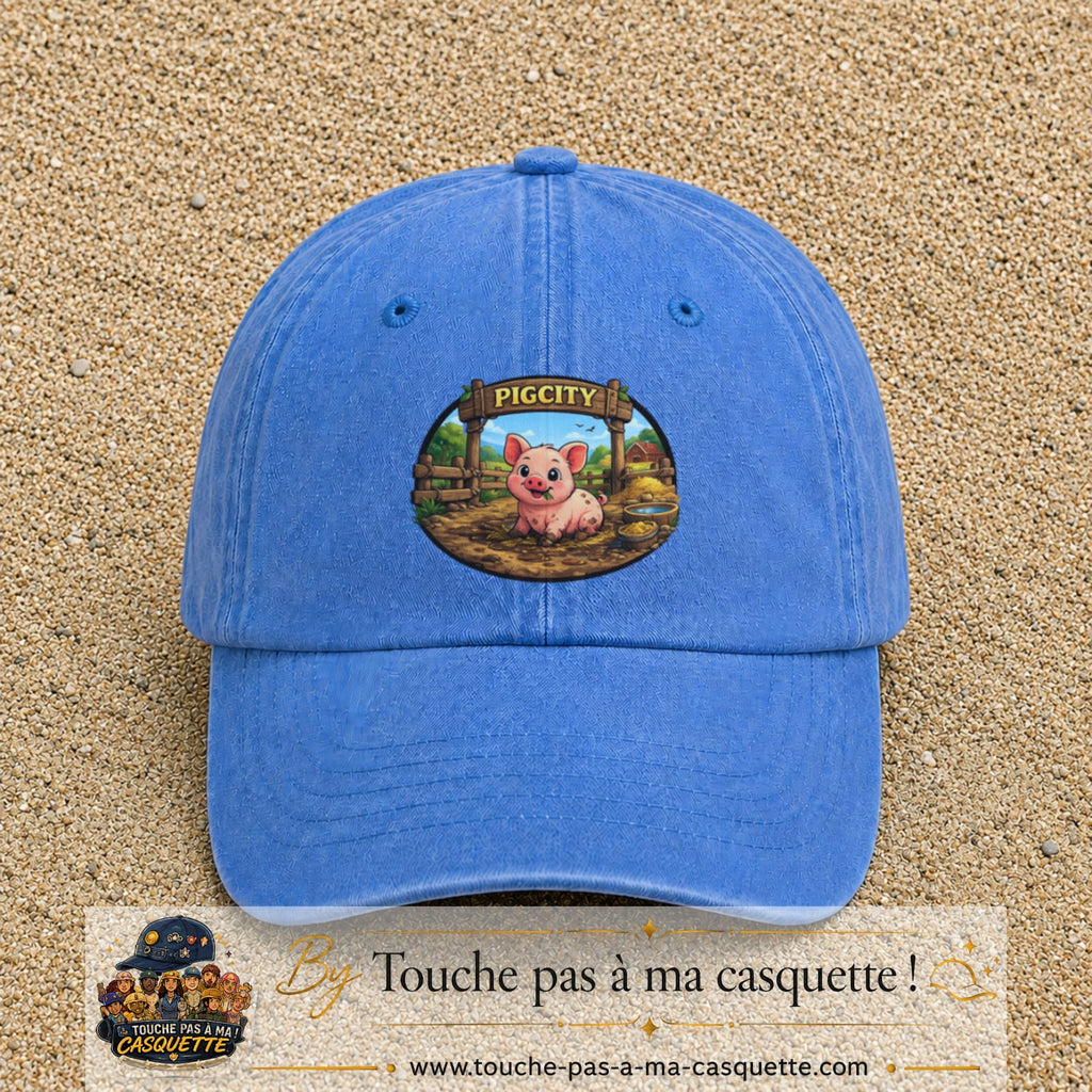 Casquette baseball Bleu ciel délavé 100% coton avec visuel Pigcity cochon 7 cm - image produit principale