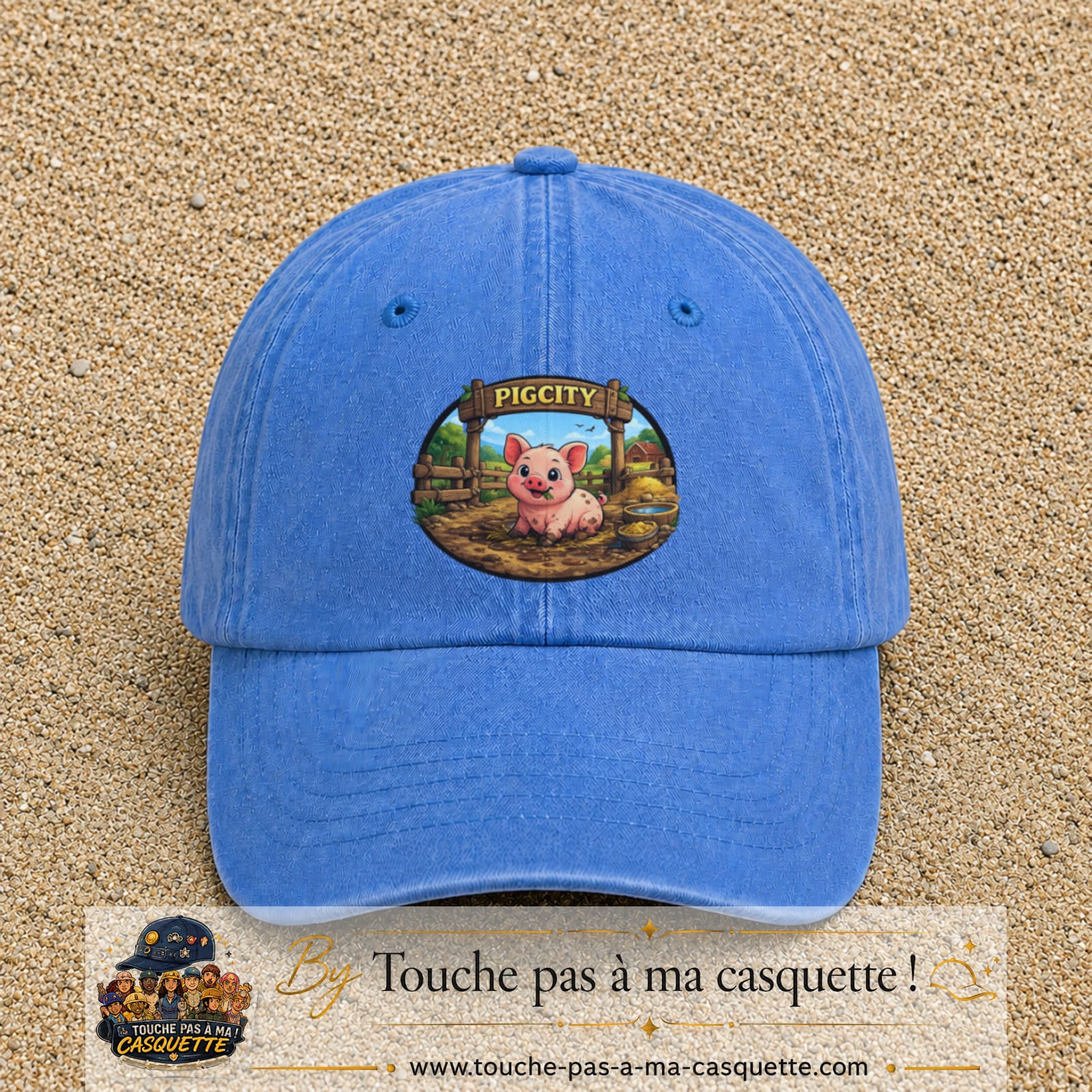 Casquette baseball Bleu ciel délavé 100% coton avec visuel Pigcity cochon 7 cm - image produit principale