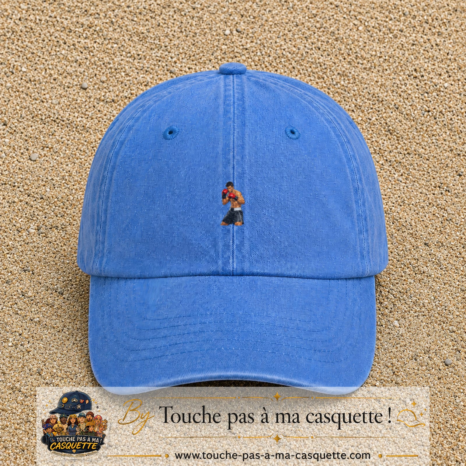 Casquette Bleu ciel délavé 100% coton avec motif Boxeur prêt au combat 3 cm - image principale