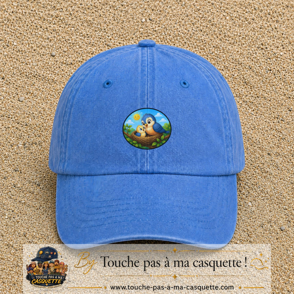 Casquette baseball Bleu ciel délavé 100% coton avec visuel Oiseaux au nid 5 cm - image produit principale