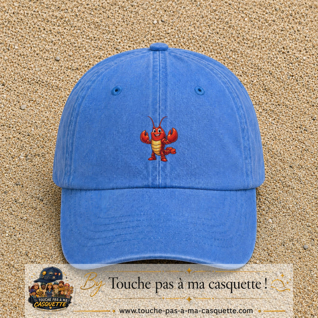 Casquette baseball Bleu ciel délavé 100% coton avec visuel Homard cartoon 5 cm - image produit principale