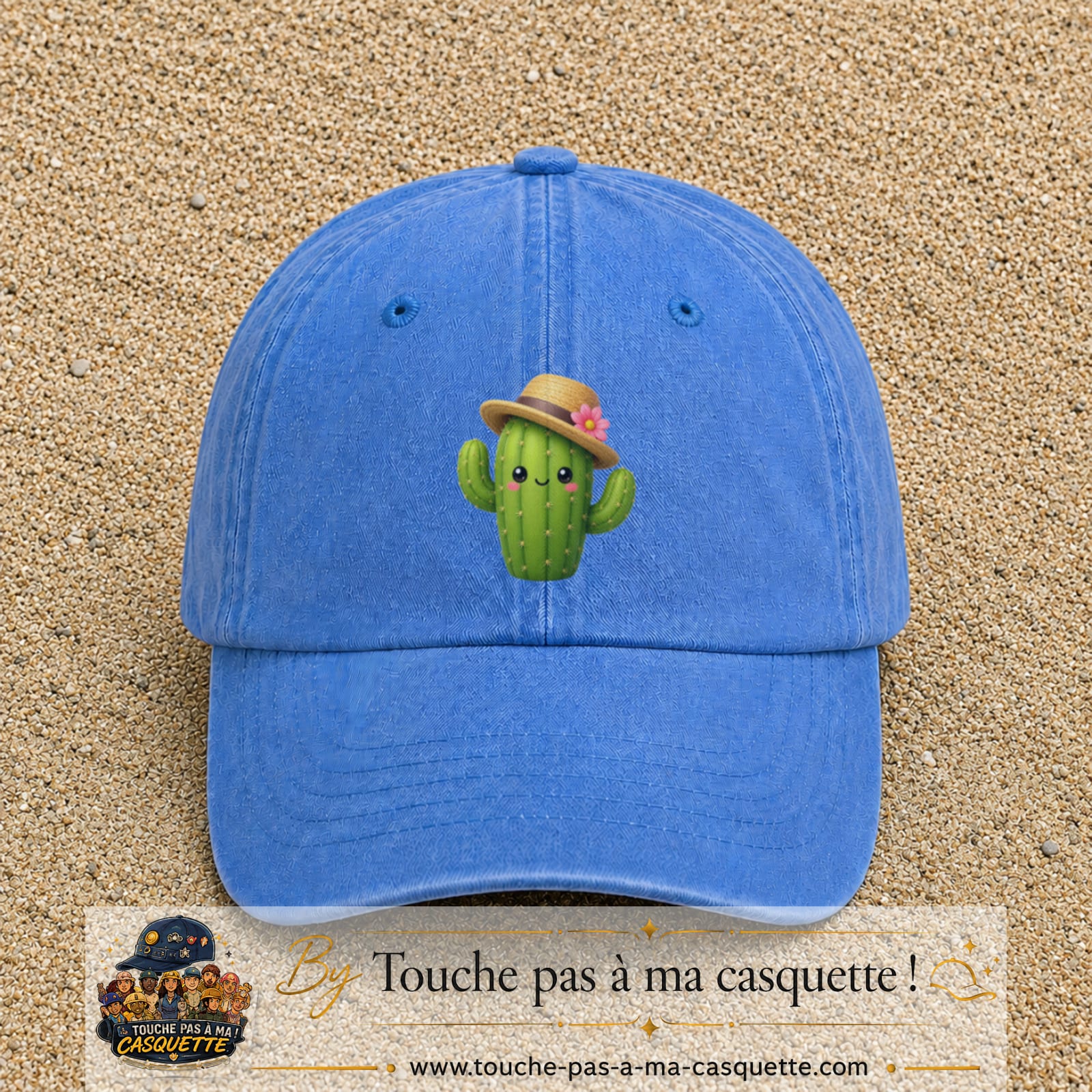 Casquette baseball Bleu ciel délavé 100% coton avec visuel Cactus kawaii chapeau 7 cm - image produit principale
