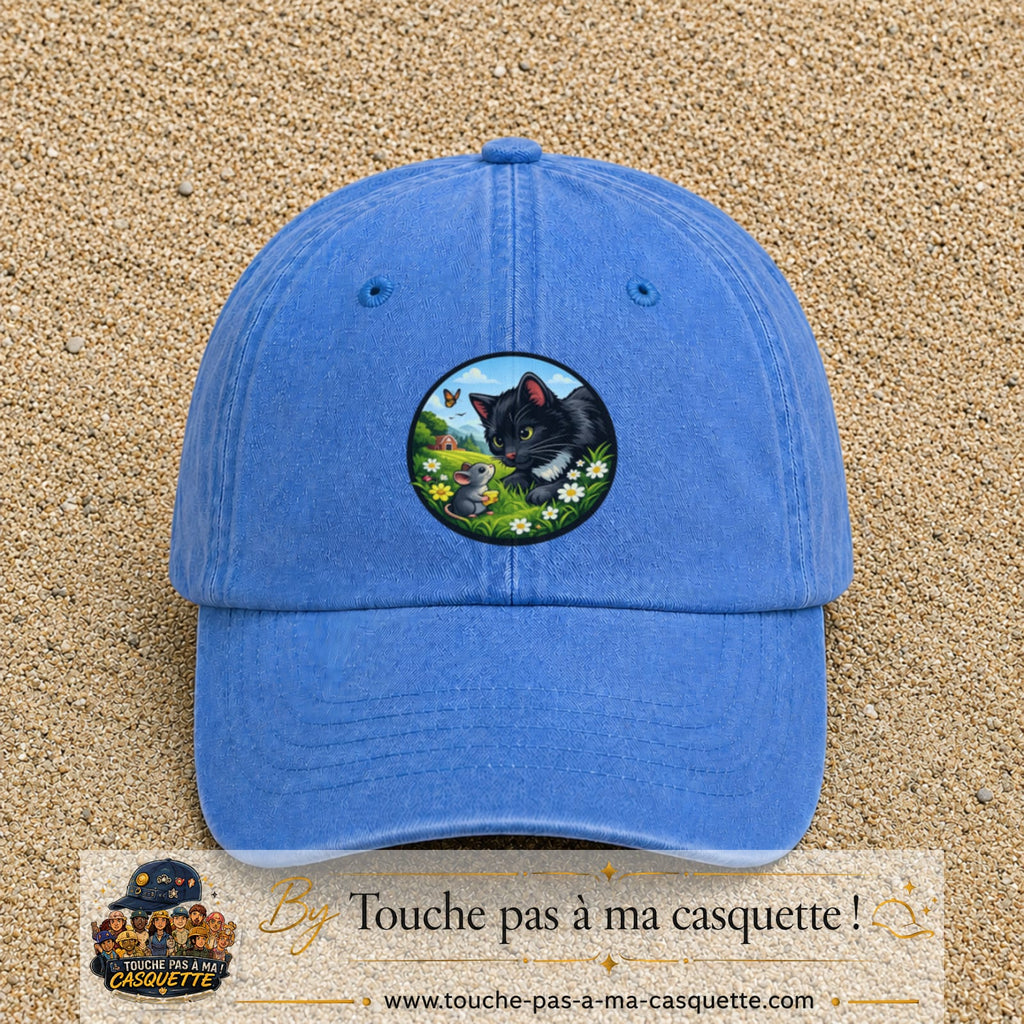 Casquette baseball Bleu ciel délavé 100% coton avec visuel Chat noir et souris 7 cm - image produit principale