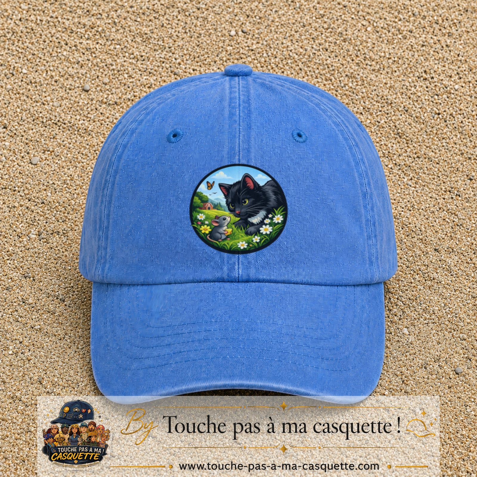 Casquette baseball Bleu ciel délavé 100% coton avec visuel Chat noir et souris 7 cm - image produit principale