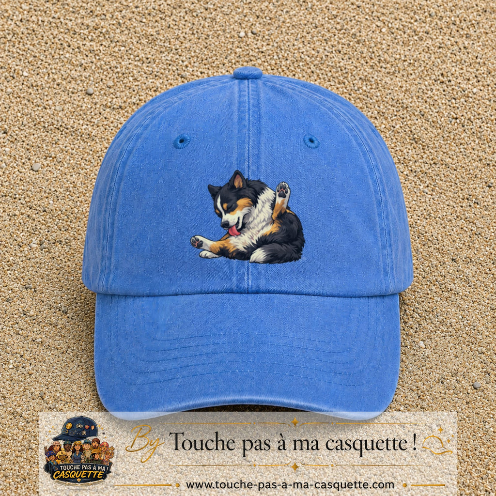 Casquette baseball Bleu ciel délavé 100% coton avec motif Chien joueur 7 cm - image principale