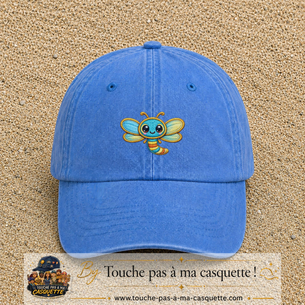 Casquette Bleu ciel délavé motif Libellule multicolore 5 cm - vue principale