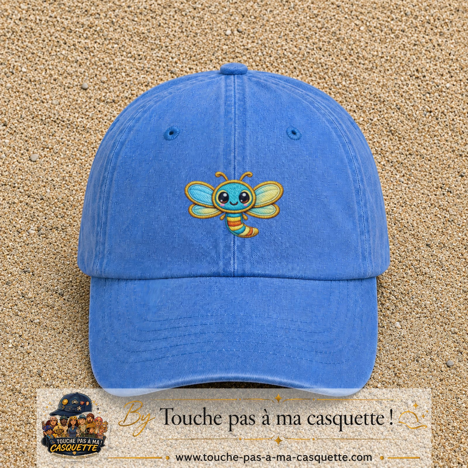 Casquette Bleu ciel délavé motif Libellule multicolore 5 cm - vue principale