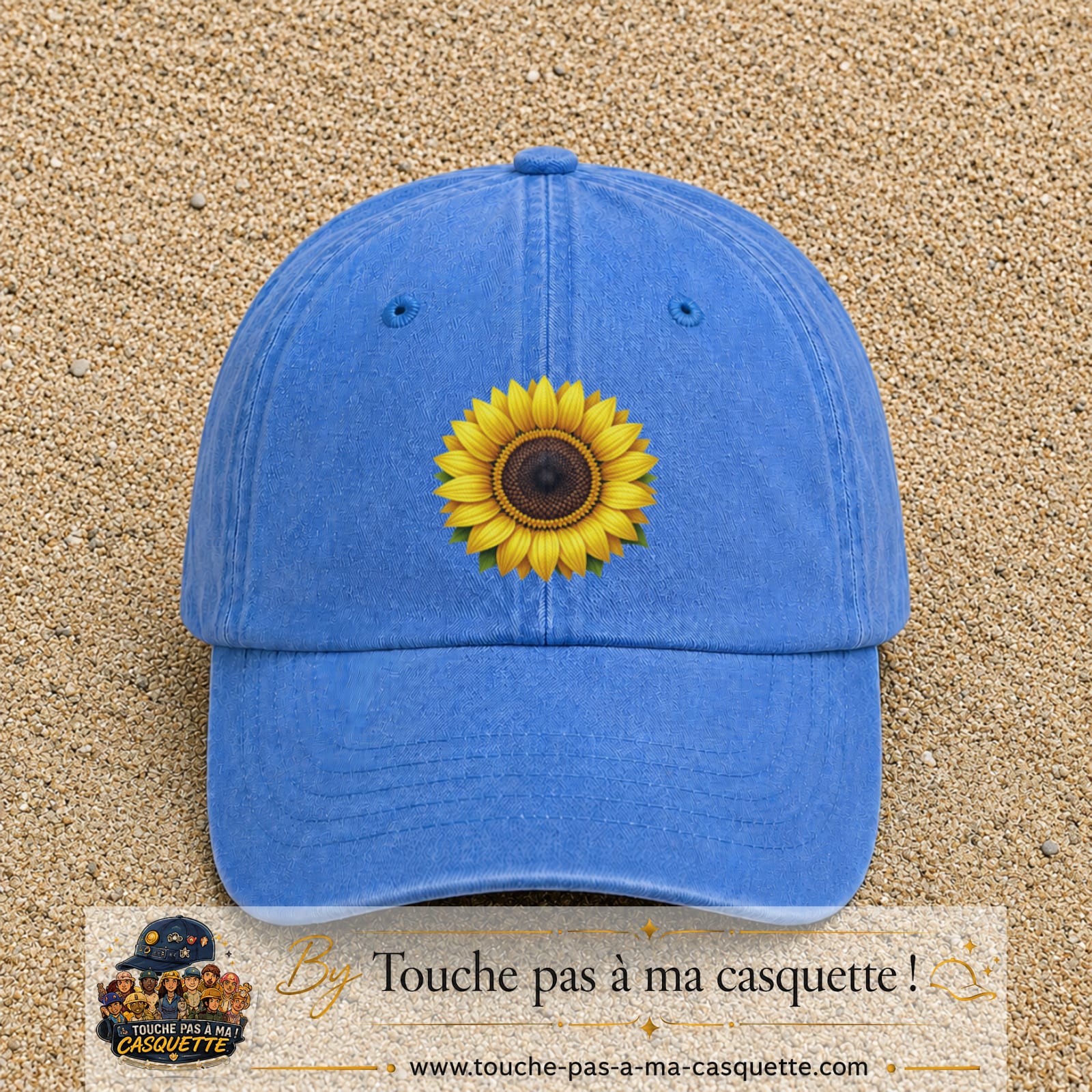 Casquette Bleu ciel délavé motif Tournesol éclatant 7 cm - vue principale