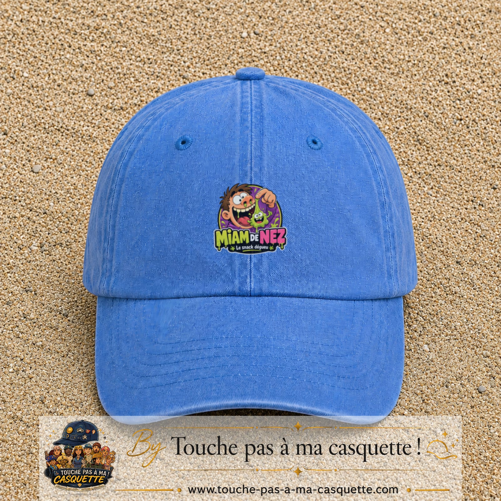 Casquette baseball Bleu ciel délavé 100% coton avec visuel Miam de nez 5 cm - image produit principale