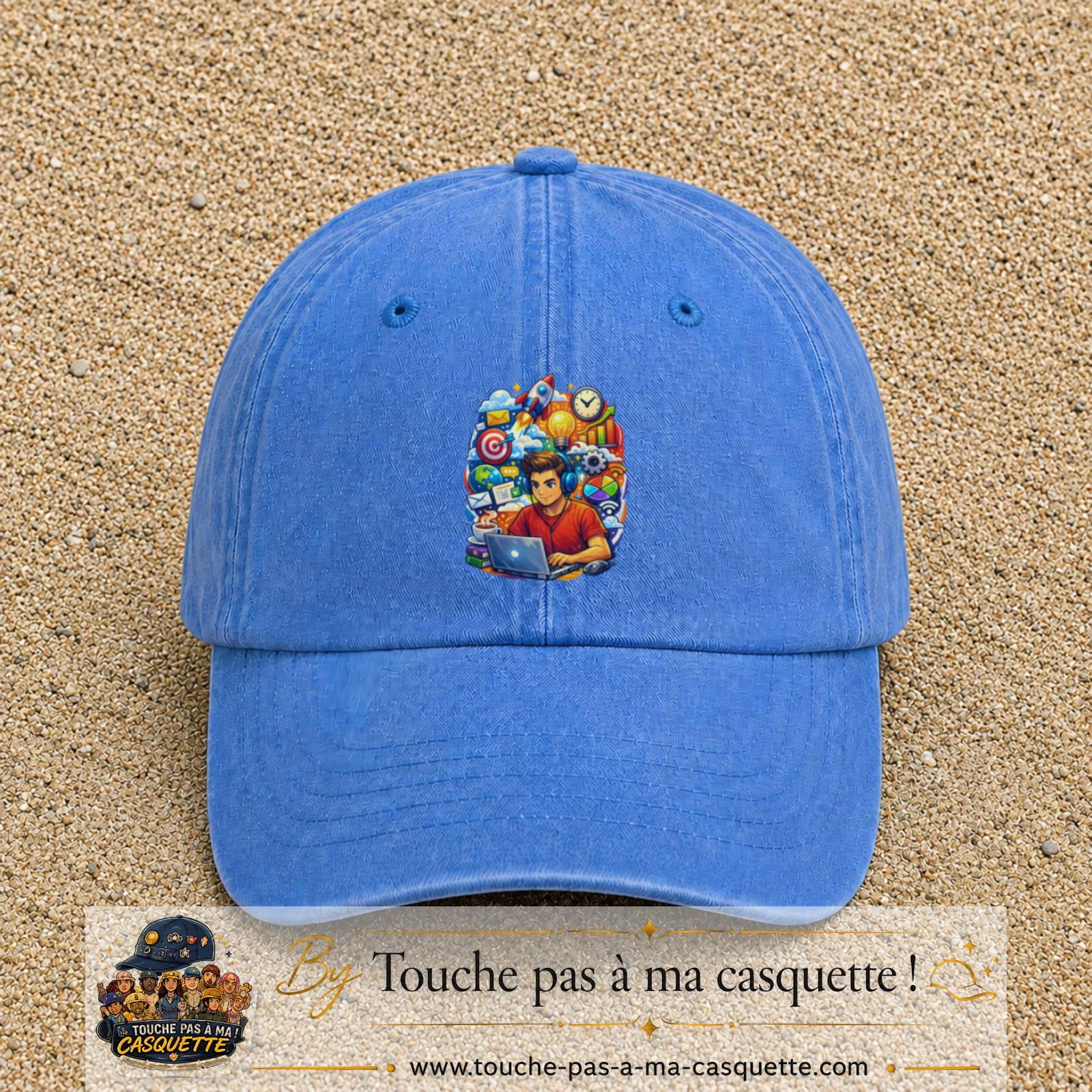 Casquette Bleu ciel délavé 100% coton avec motif Créateur digital au laptop 7 cm - image principale