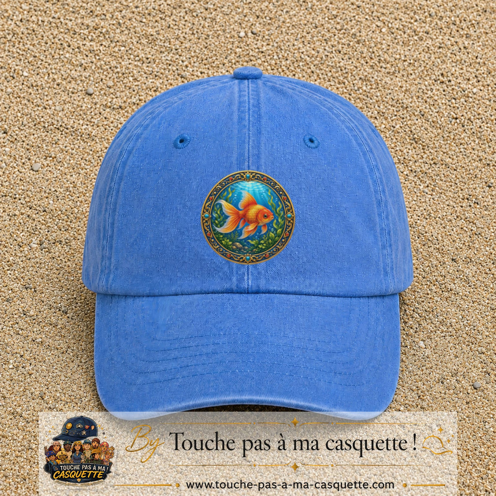 Casquette baseball Bleu ciel délavé 100% coton avec visuel Poisson rouge aquarium 7 cm - image produit principale