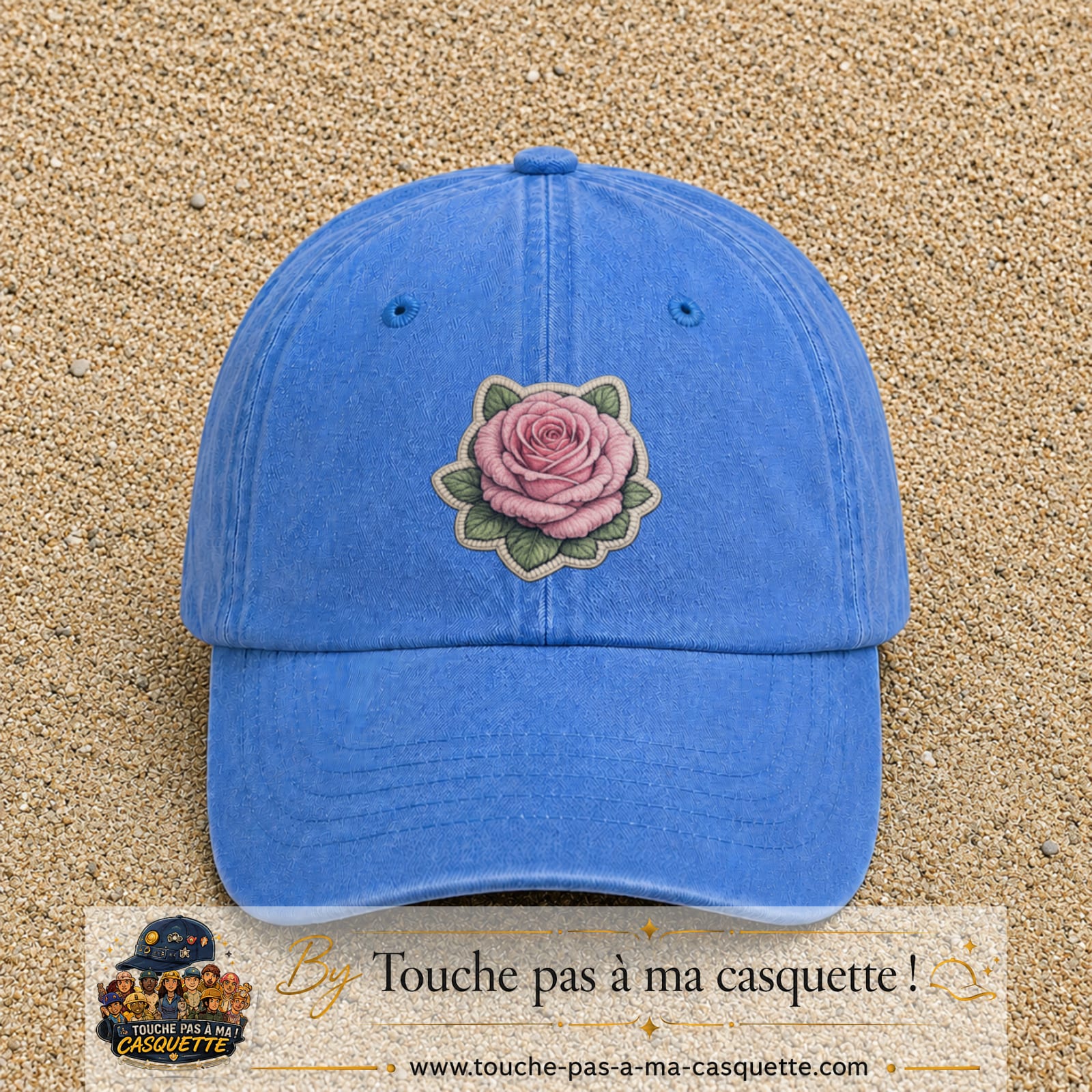 Casquette Bleu ciel délavé motif Rose tendre 7 cm - vue principale