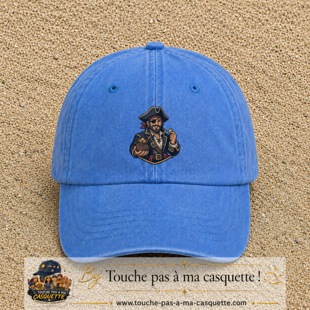 Casquette baseball Bleu ciel délavé 100% coton avec visuel Pirate au trésor 7 cm - image produit principale