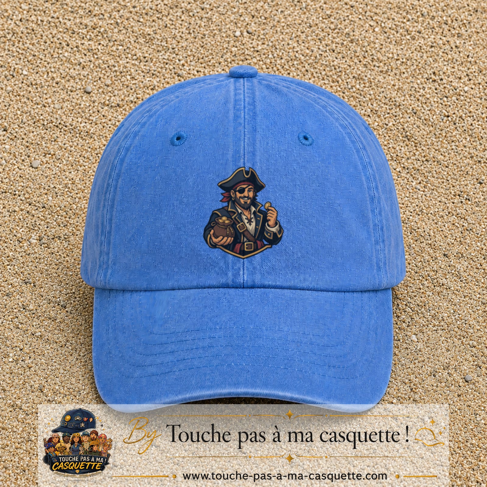 Casquette baseball Bleu ciel délavé 100% coton avec visuel Pirate au trésor 7 cm - image produit principale