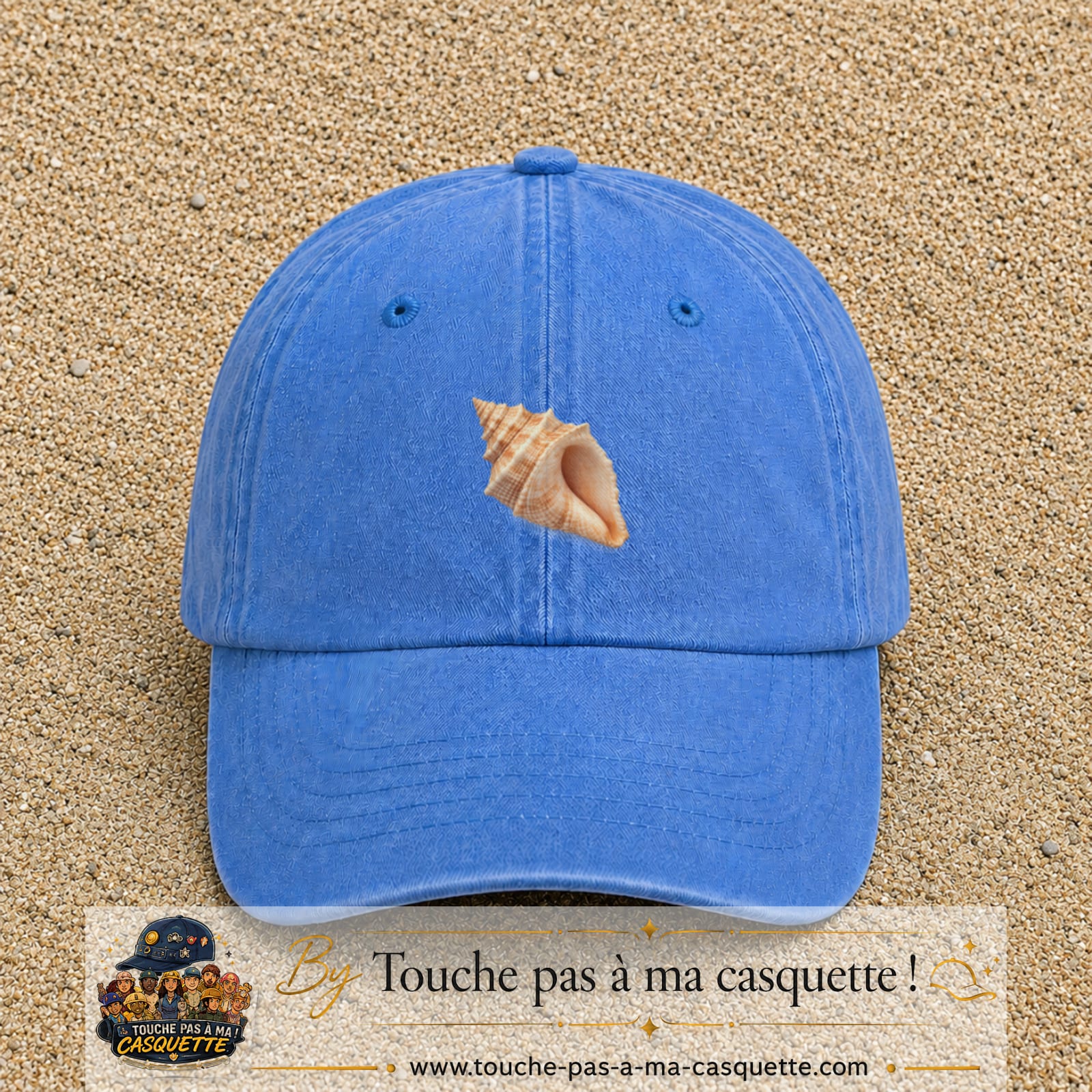 Casquette baseball Bleu ciel délavé 100% coton avec visuel Coquillage marin 5 cm - image produit principale