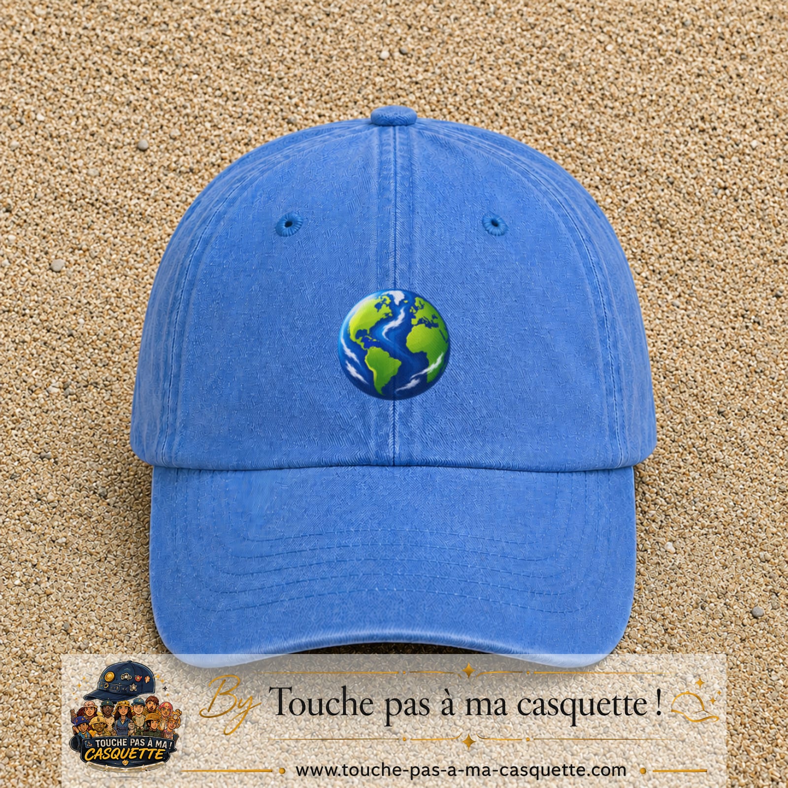 Casquette baseball Bleu ciel délavé 100% coton avec visuel Planète Terre cartoon 5 cm - image produit principale