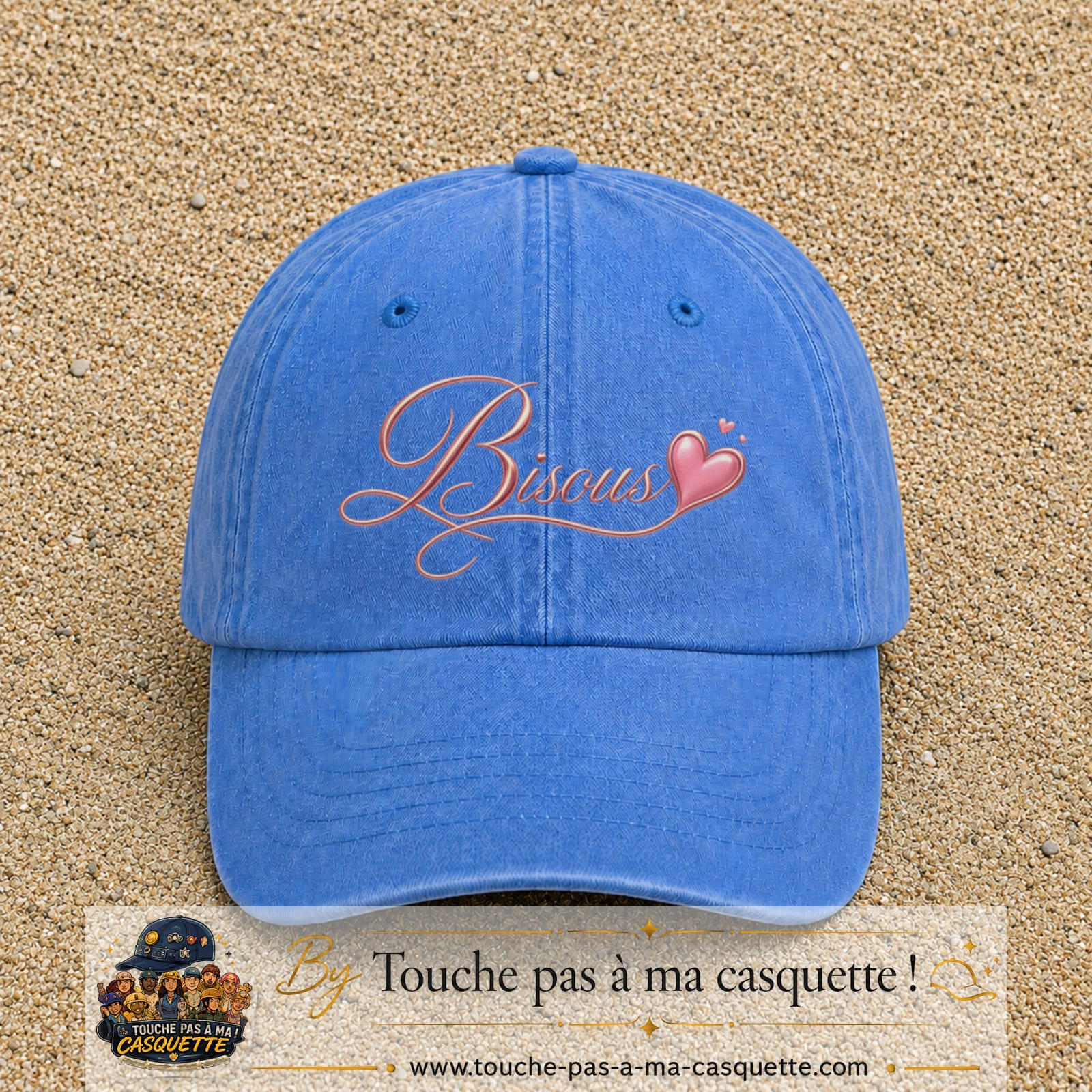 Casquette baseball Bleu ciel délavé 100% coton avec visuel Bisous cœur 7 cm - image produit principale