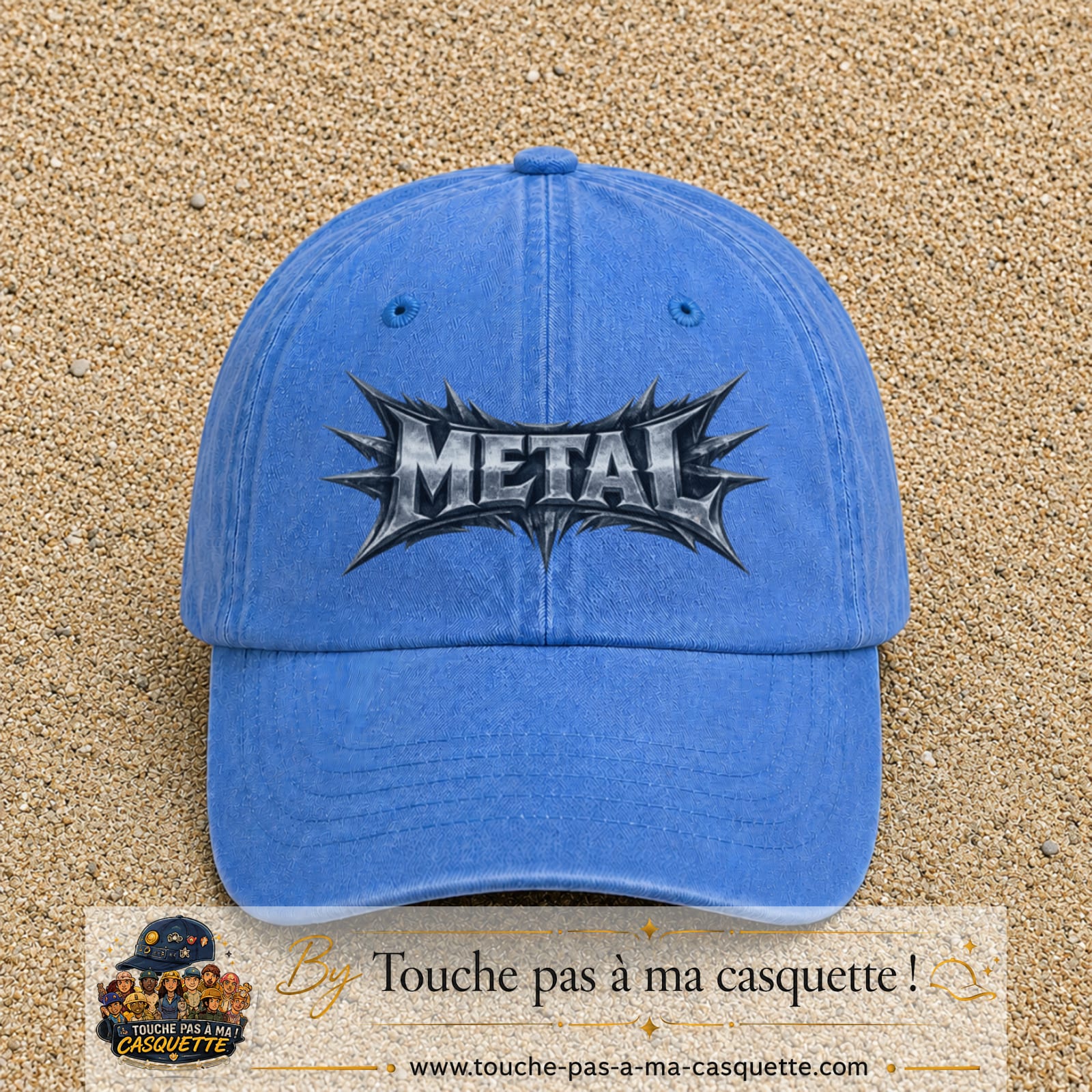 Casquette baseball Bleu ciel délavé 100% coton avec visuel Typographie métal 7 cm - image produit principale