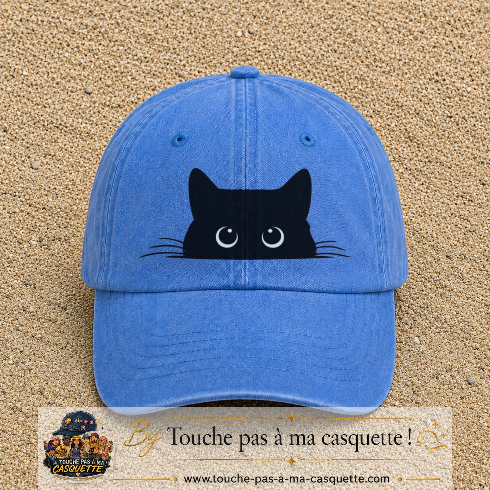 Casquette baseball Bleu ciel délavé 100% coton avec visuel Chat noir cache-cache 7 cm - image produit principale