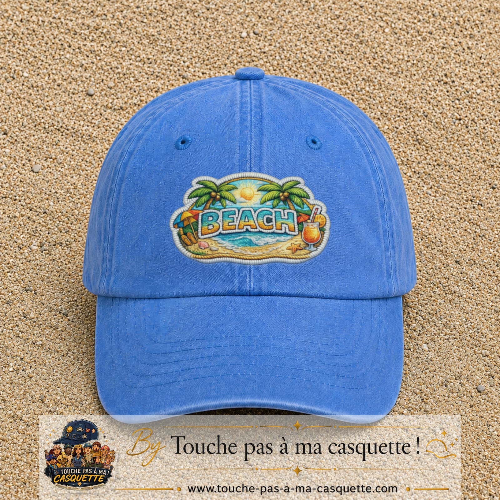 Casquette Bleu ciel délavé motif Plage tropicale Beach 7 cm - vue principale