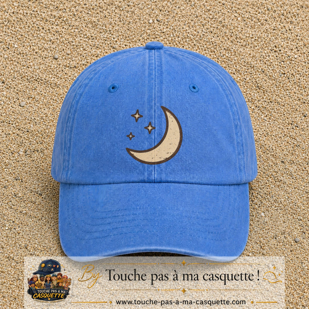 Casquette Bleu ciel délavé 100% coton avec motif Lune et étoiles bohèmes 7 cm - image principale