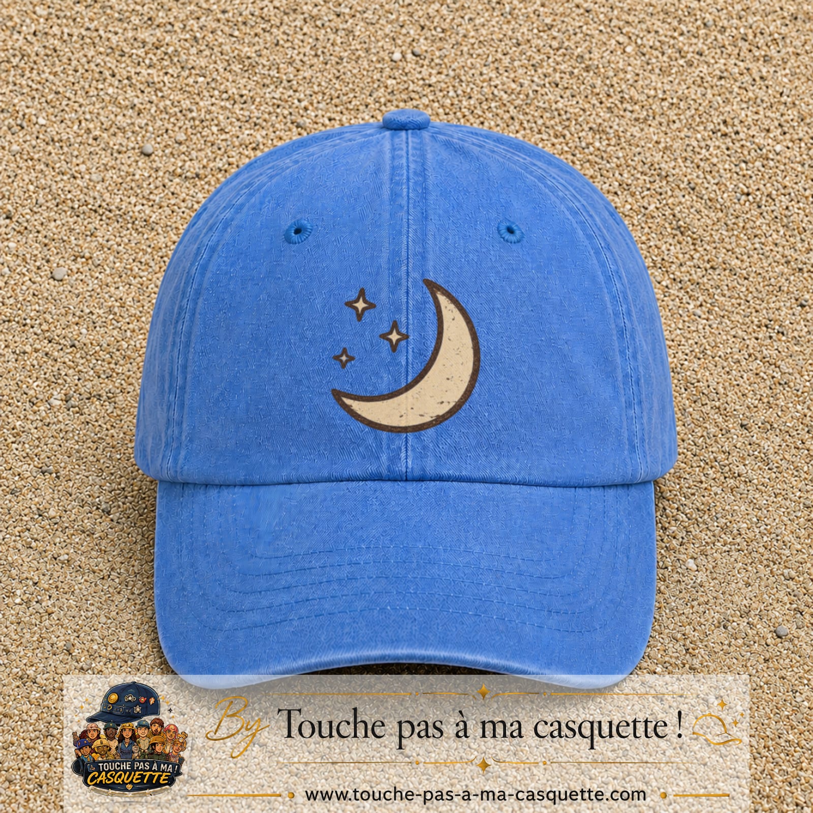 Casquette Bleu ciel délavé 100% coton avec motif Lune et étoiles bohèmes 7 cm - image principale