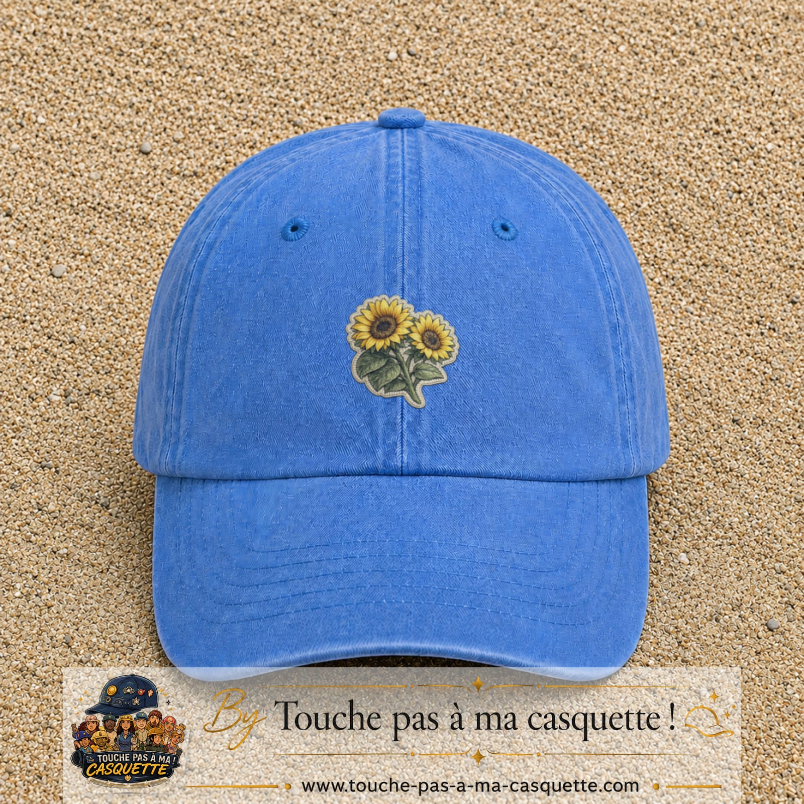 Casquette Bleu ciel délavé motif Duo de tournesols 5 cm - vue principale