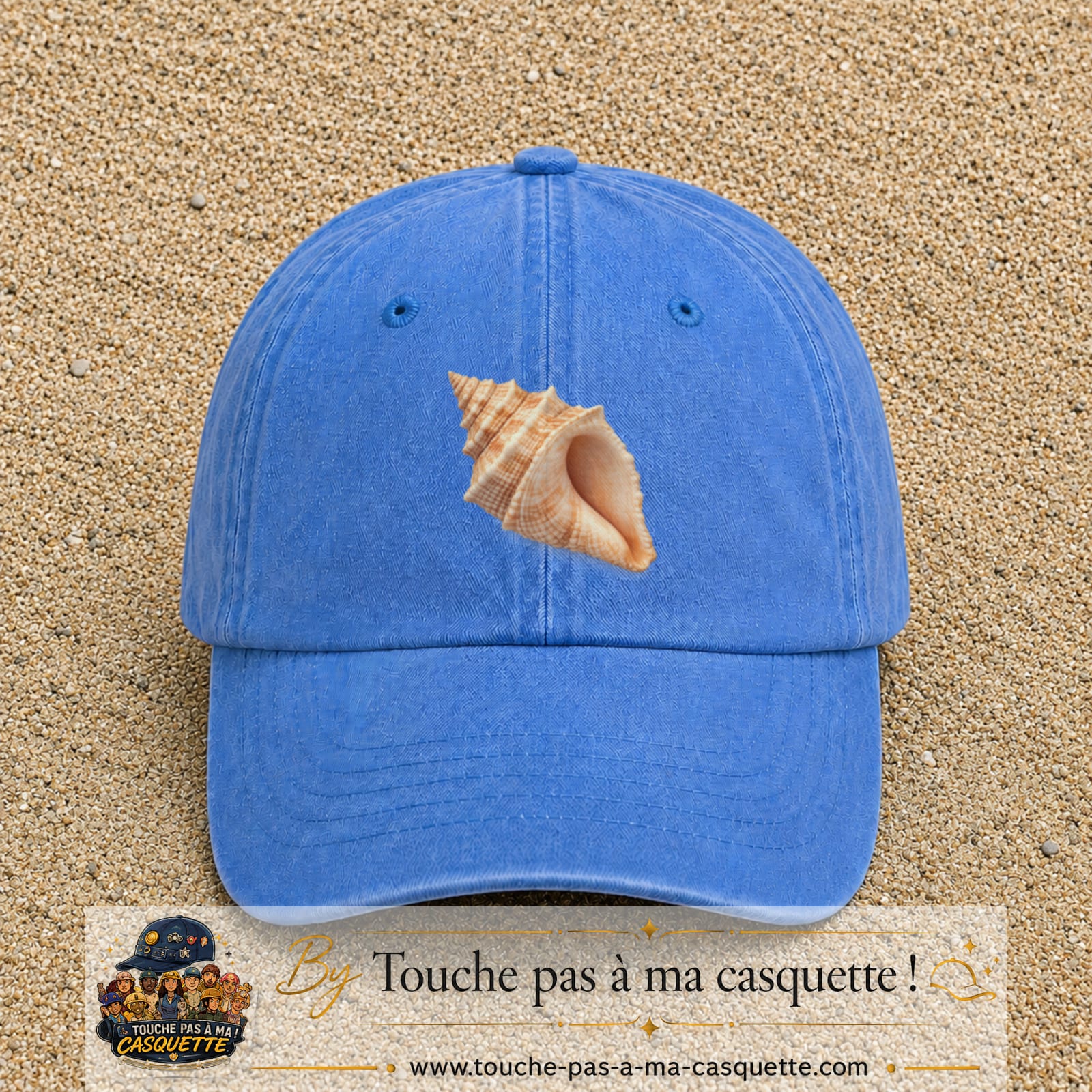 Casquette baseball Bleu ciel délavé 100% coton avec visuel Coquillage marin 7 cm - image produit principale