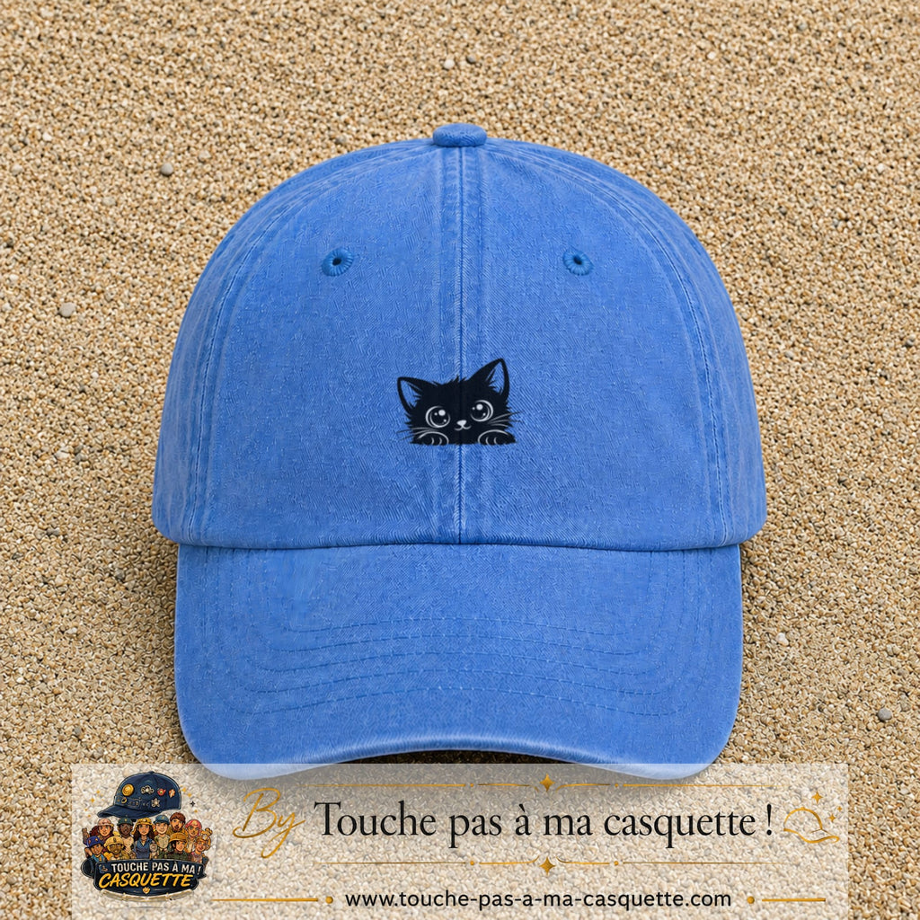Casquette baseball Bleu ciel délavé 100% coton avec visuel Chaton noir kawaii 3 cm - image produit principale