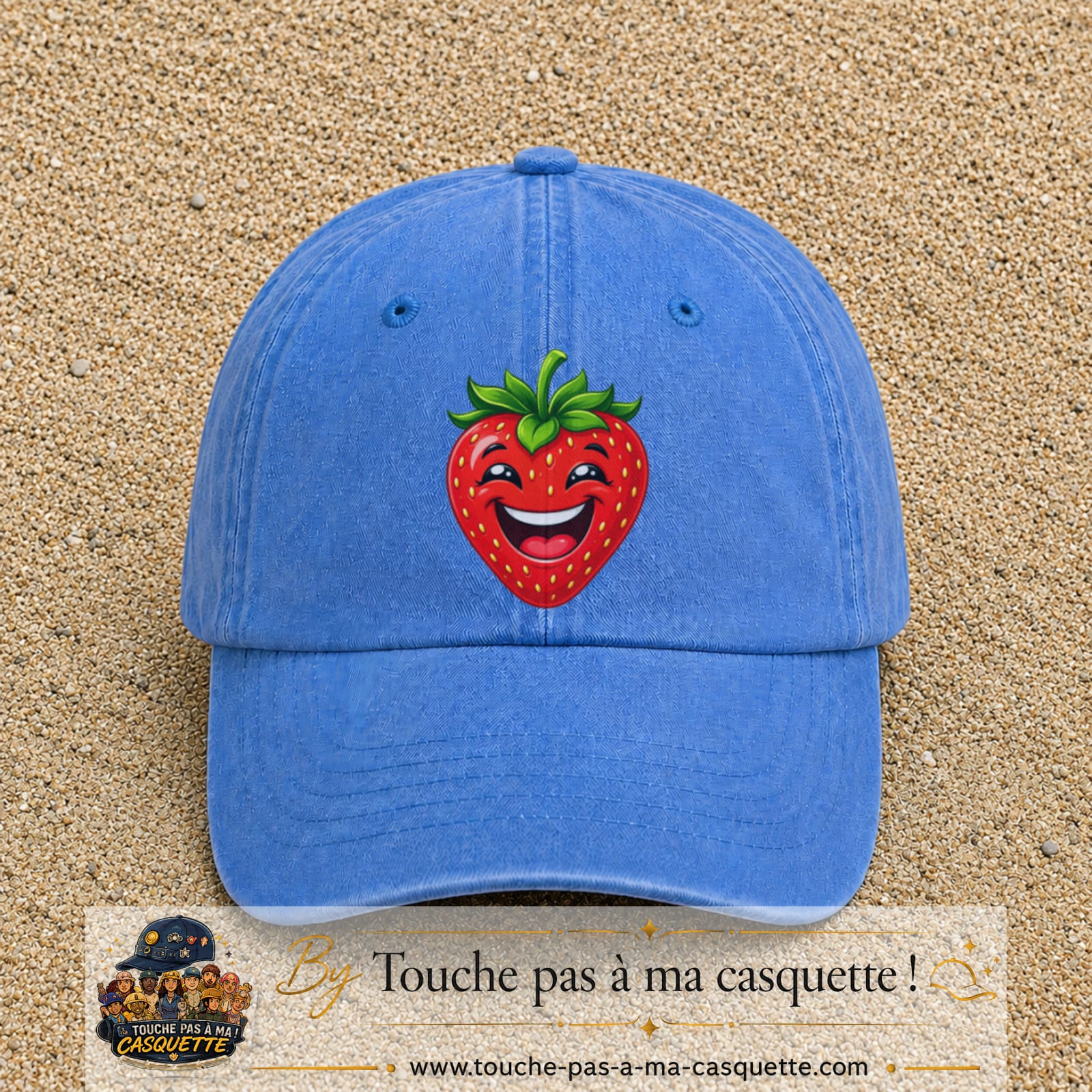 Casquette baseball Bleu ciel délavé 100% coton avec motif Fraise souriante 7 cm - image principale