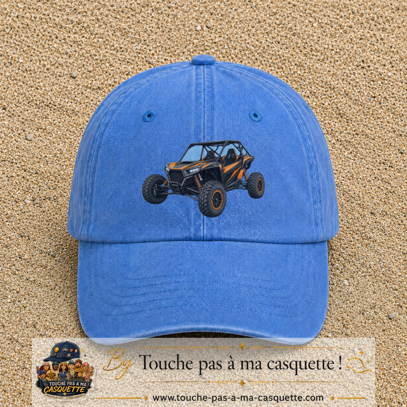 Casquette Bleu ciel délavé 100% coton avec motif Buggy tout-terrain orange 7 cm - image principale