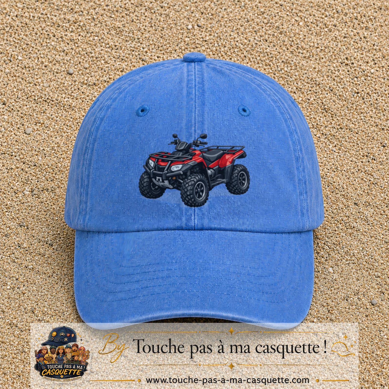 Casquette Bleu ciel délavé 100% coton avec motif Quad rouge tout-terrain 7 cm - image principale