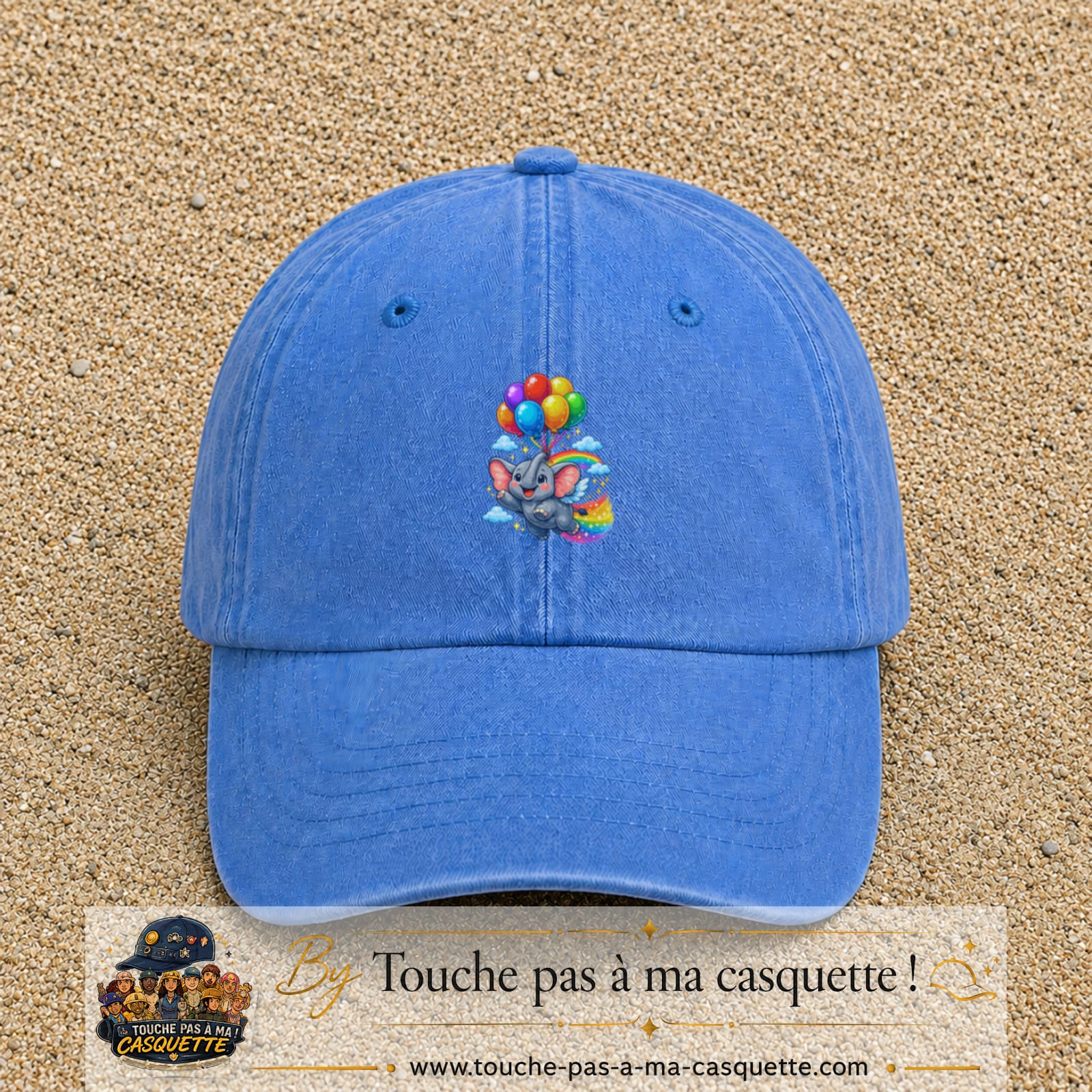 Casquette baseball Bleu ciel délavé 100% coton avec motif Éléphant aux ballons 7 cm - image principale