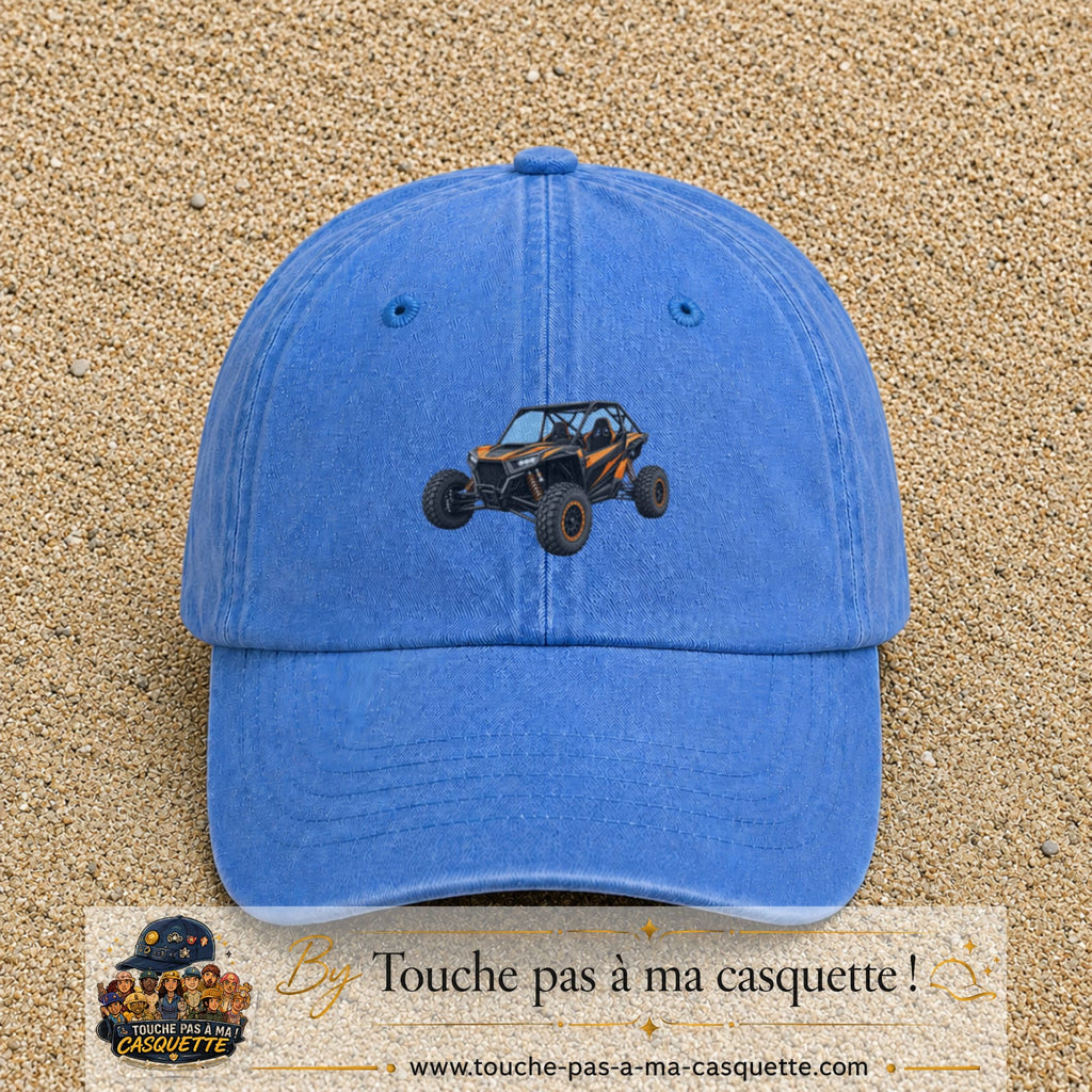 Casquette Bleu ciel délavé 100% coton avec motif Buggy tout-terrain orange 5 cm - image principale