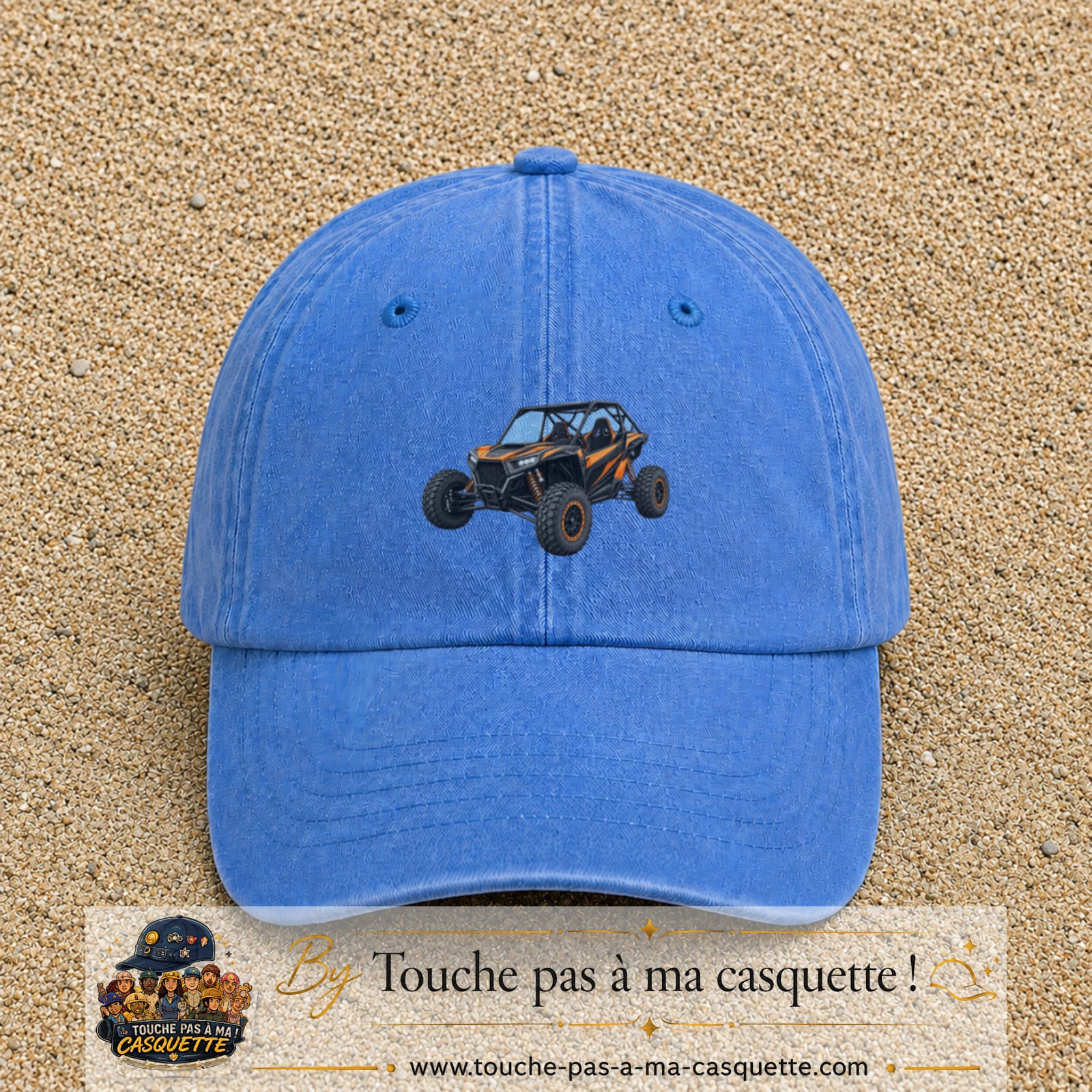 Casquette Bleu ciel délavé 100% coton avec motif Buggy tout-terrain orange 5 cm - image principale