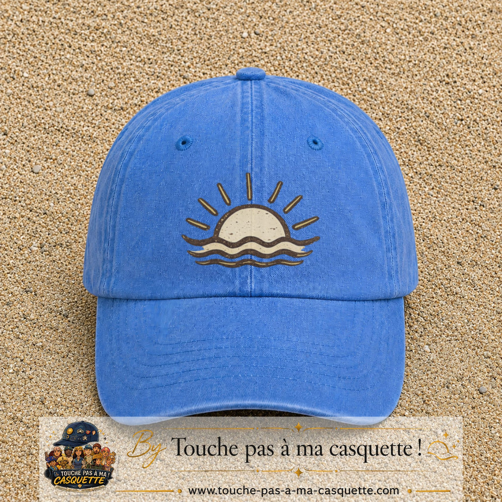 Casquette baseball Bleu ciel délavé 100% coton avec visuel Soleil et vagues 7 cm - image produit principale