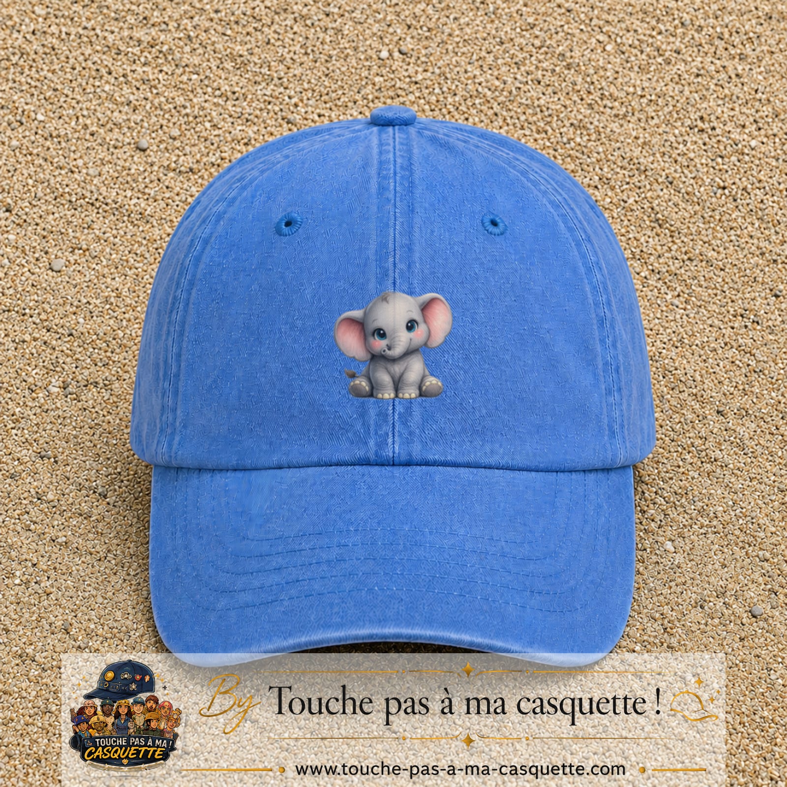 Casquette baseball Bleu ciel délavé 100% coton avec visuel Éléphanteau kawaii 5 cm - image produit principale
