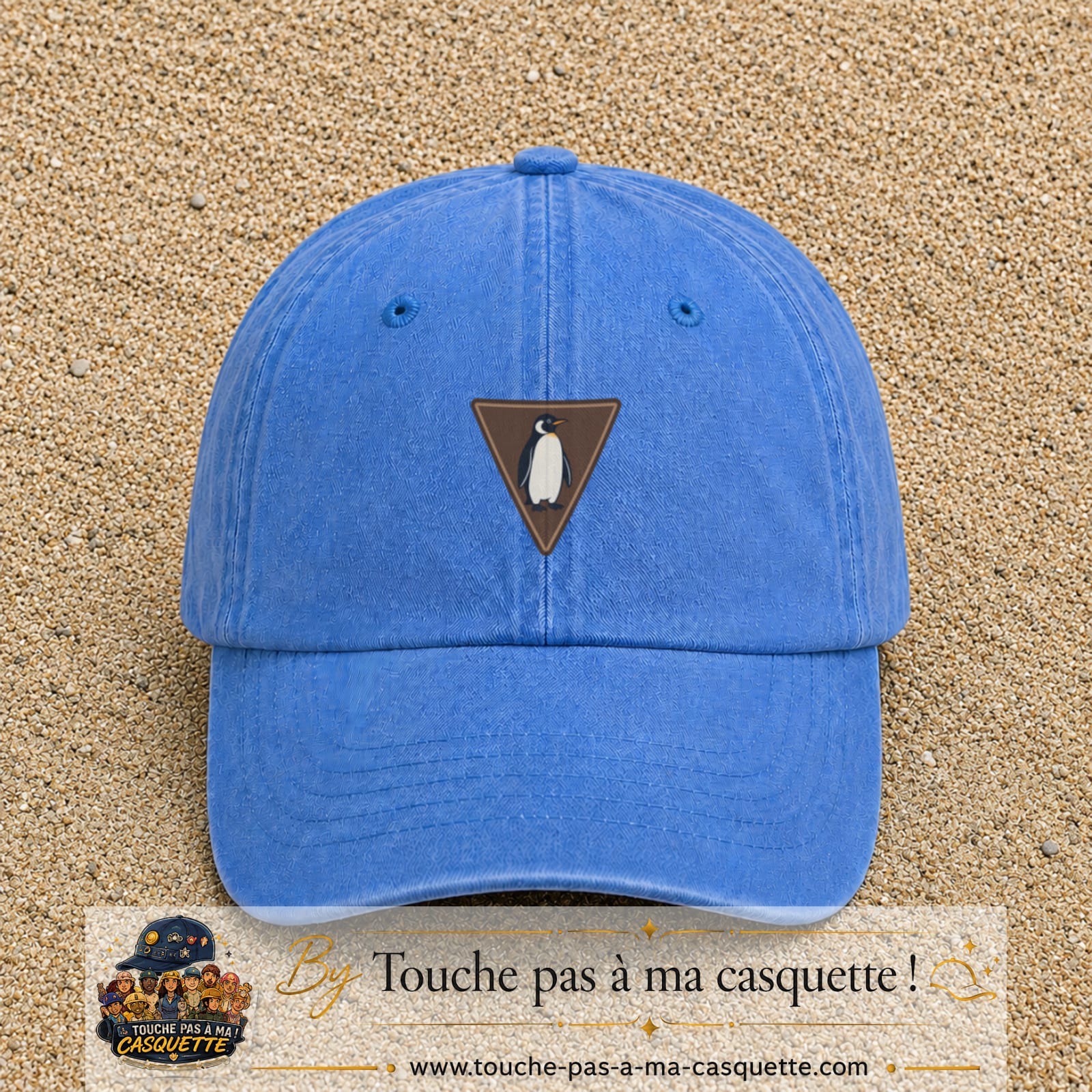 Casquette baseball Bleu ciel délavé 100% coton avec visuel Pingouin panneau 5 cm - image produit principale