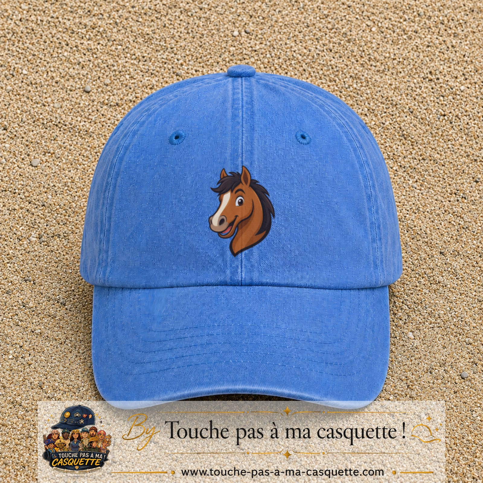Casquette baseball Bleu ciel délavé 100% coton avec visuel Cheval souriant 7 cm - image produit principale