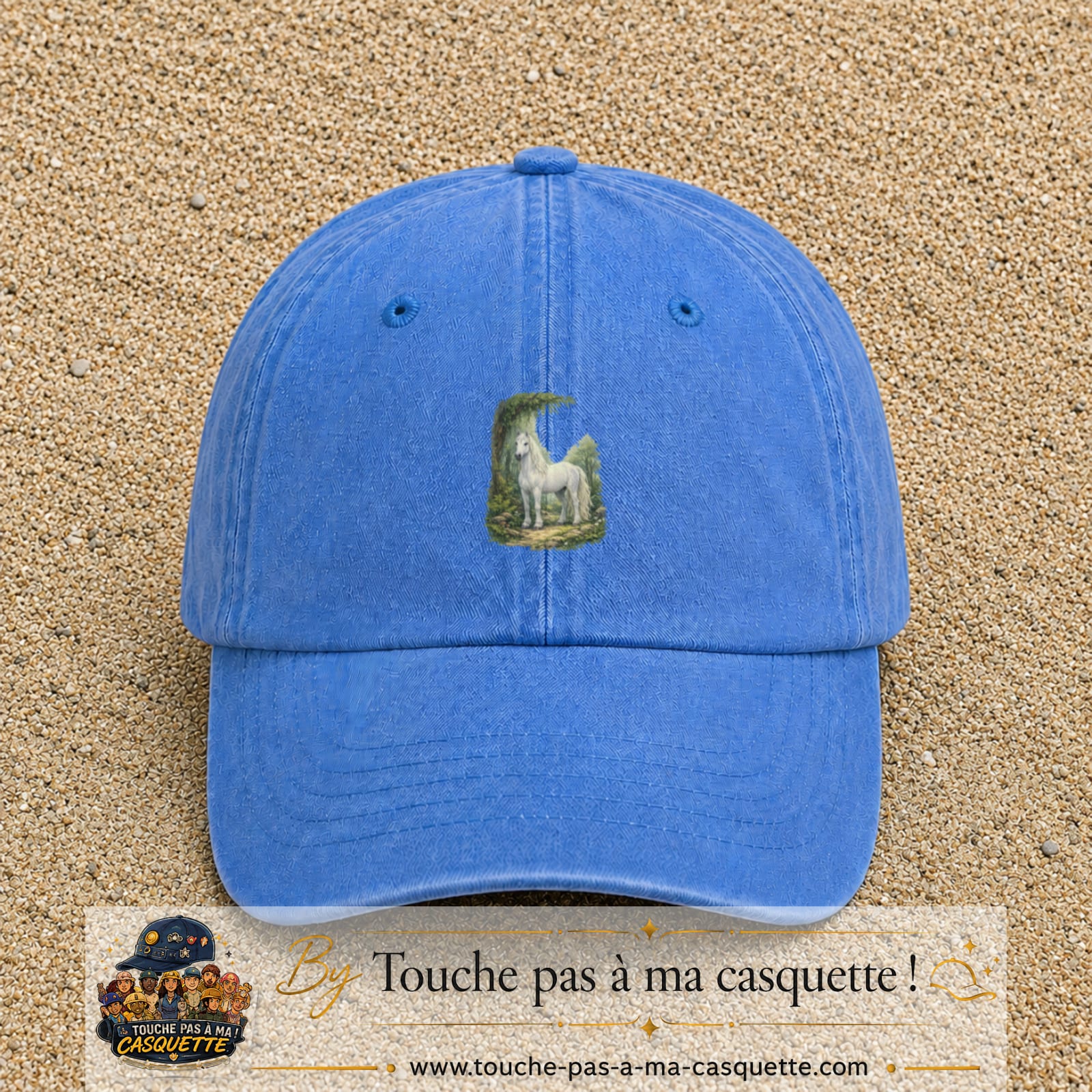 Casquette baseball Bleu ciel délavé 100% coton avec motif Cheval blanc en forêt 5 cm - image principale